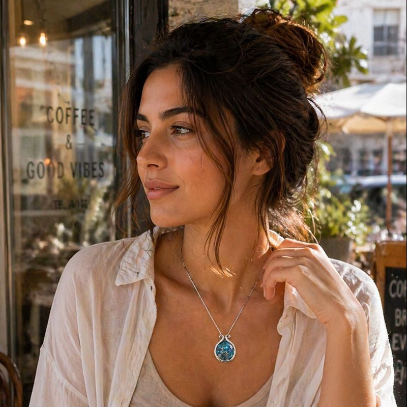 Roman glass necklace on a woman in Tel Aviv