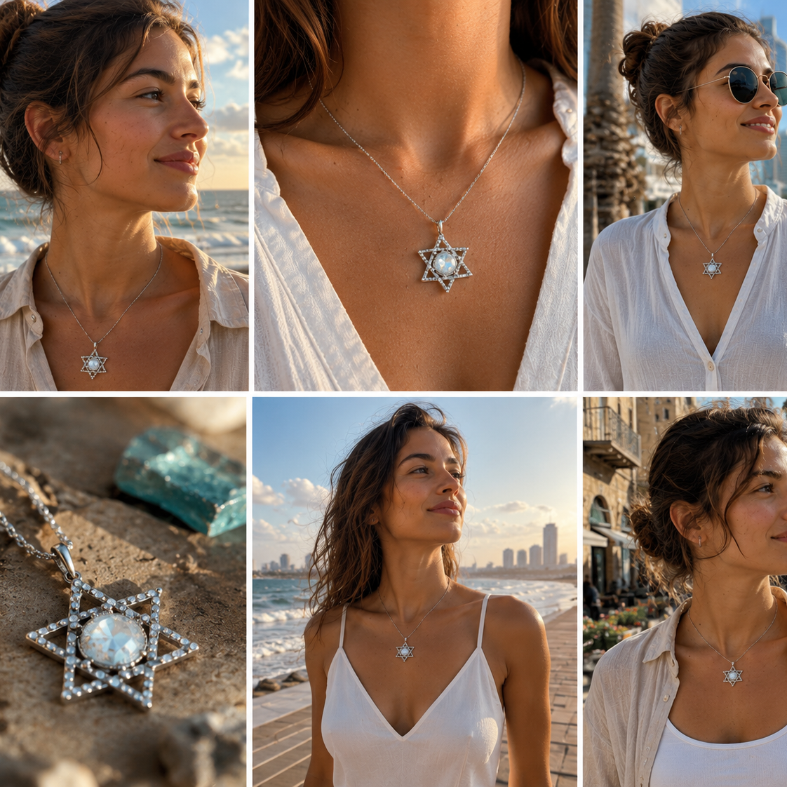 Roman Glass Star of David necklace shown in multiple lifestyle views