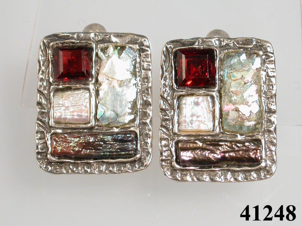 Roman glass clip earrings with red gemstone accents
