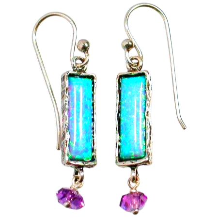 Silver earrings sterling 925 set with opal Blue artisanal jewelry - Bluenoemi