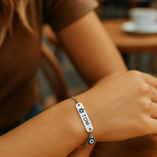 Bluenoemi Jewelry bracelets Sterling Silver Bat Mitzvah / Bar Mitzvah Bracelet – Star of David & Evil Eye – Personalized Name Engraving