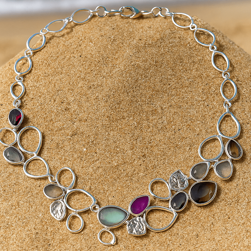 Bluenoemi Jewelry Necklaces Designer Israeli Sterling Silver Necklace with Roman Glass & Gemstones – Handmade by Bluenoemi