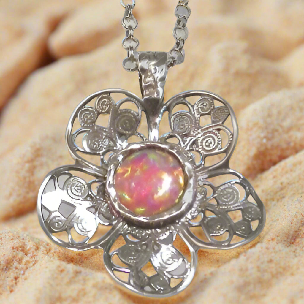 Elegance Defined: Sterling Silver Necklace Set with a silver flower set with a Red Lab-Created Opal - Bluenoemi