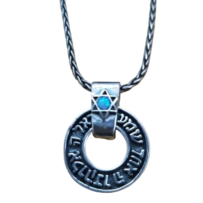 Silver necklace Shma Israel with Star of David pendant set blue opal. Symbol of Faith and Identity. - Bluenoemi