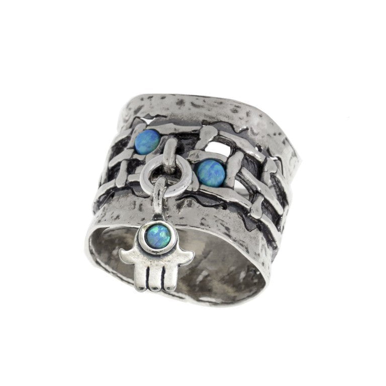 Bluenoemi Jewelry Rings Blue opal hamsa charm sterling silver ring  for woman.