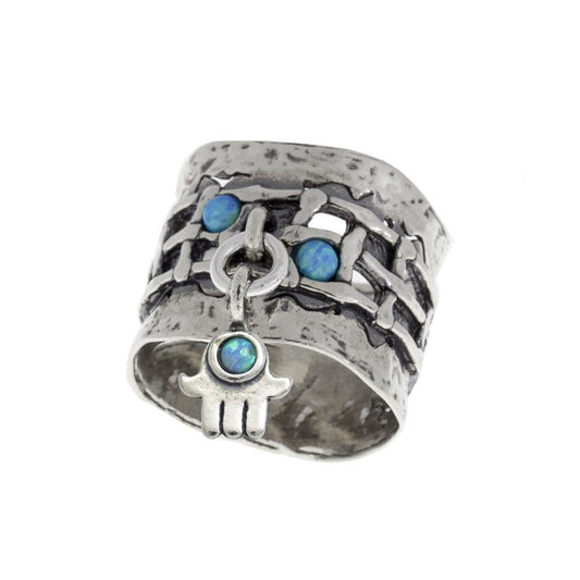 Bluenoemi Jewelry Rings Blue opal hamsa charm sterling silver ring  for woman.