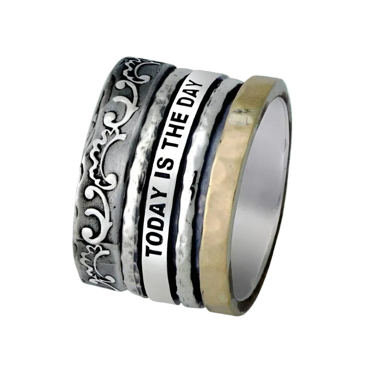 Bluenoemi Israeli Spinner Ring Silver Gold Afirmation Rings "Today is the Day" - Bluenoemi