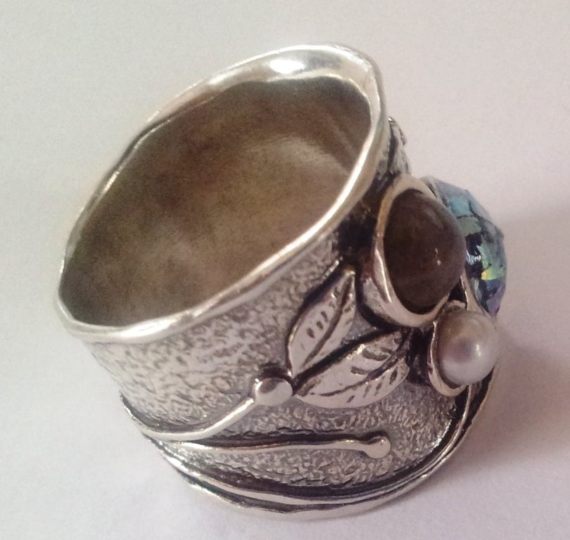 Bluenoemi Jewelry Rings Sterling Roman glass ring 925 silver ring with a pearl and gemstone.