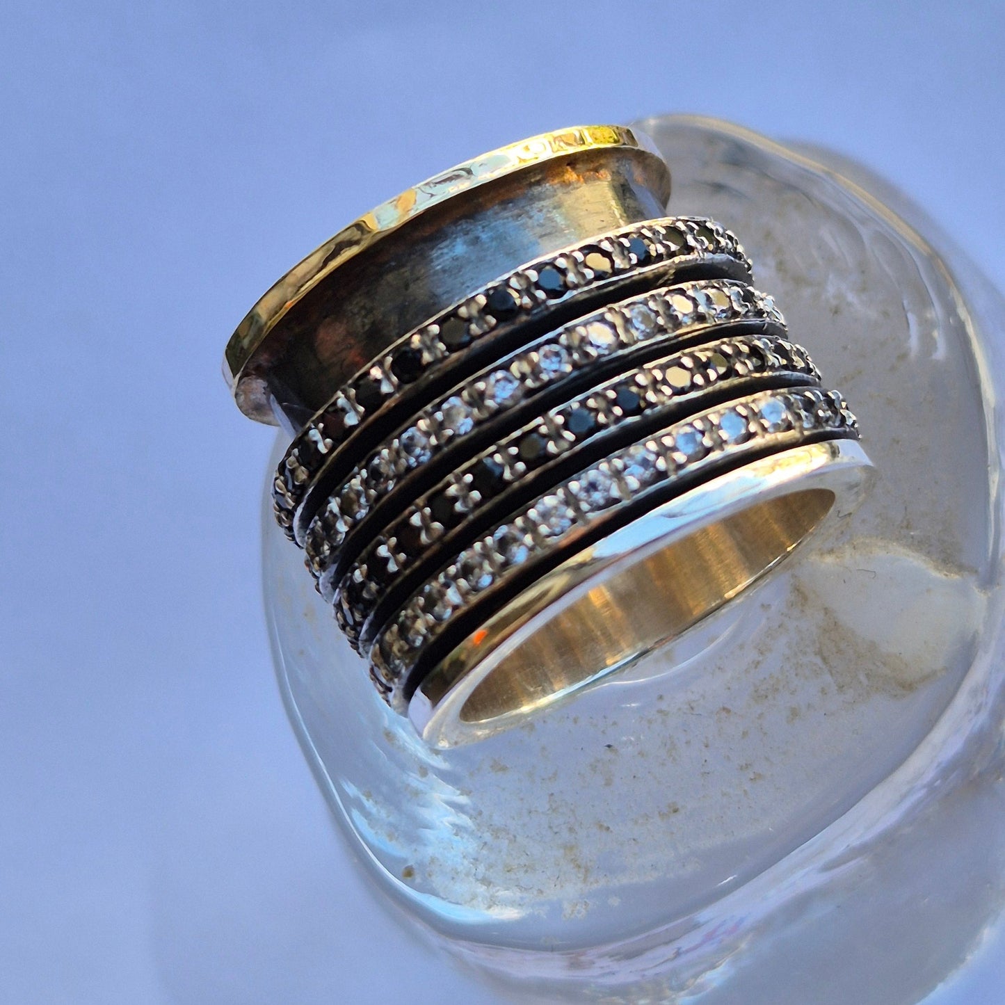 Bluenoemi Jewelry Spinner ring for Woman / Man silver and gold set cz Zircons & Onyx