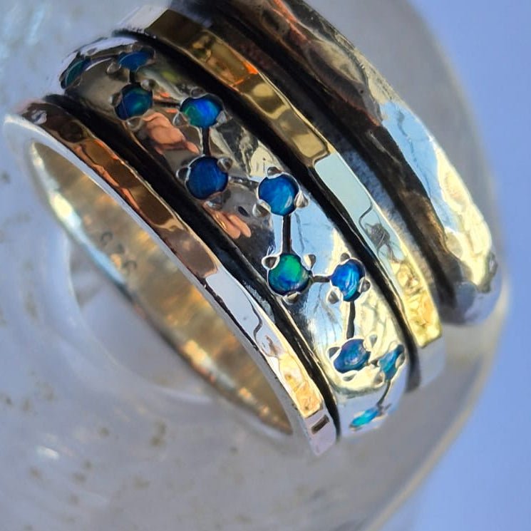 Bluenoemi Jewelry Spinner ring for Woman silver and gold set blue opals fidget rings 1.1 cm