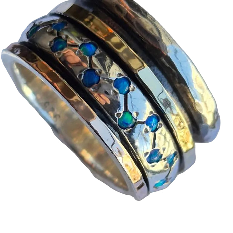 Bluenoemi Jewelry Spinner ring for Woman silver and gold set blue opals fidget rings 1.1 cm