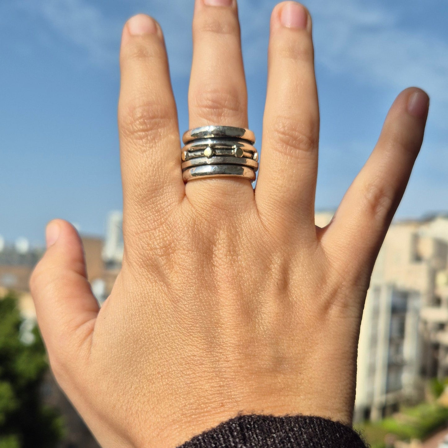Bluenoemi Jewelry Unisex Spinner ring Silver & 9KT. Rose & Yellow Gold Unique design