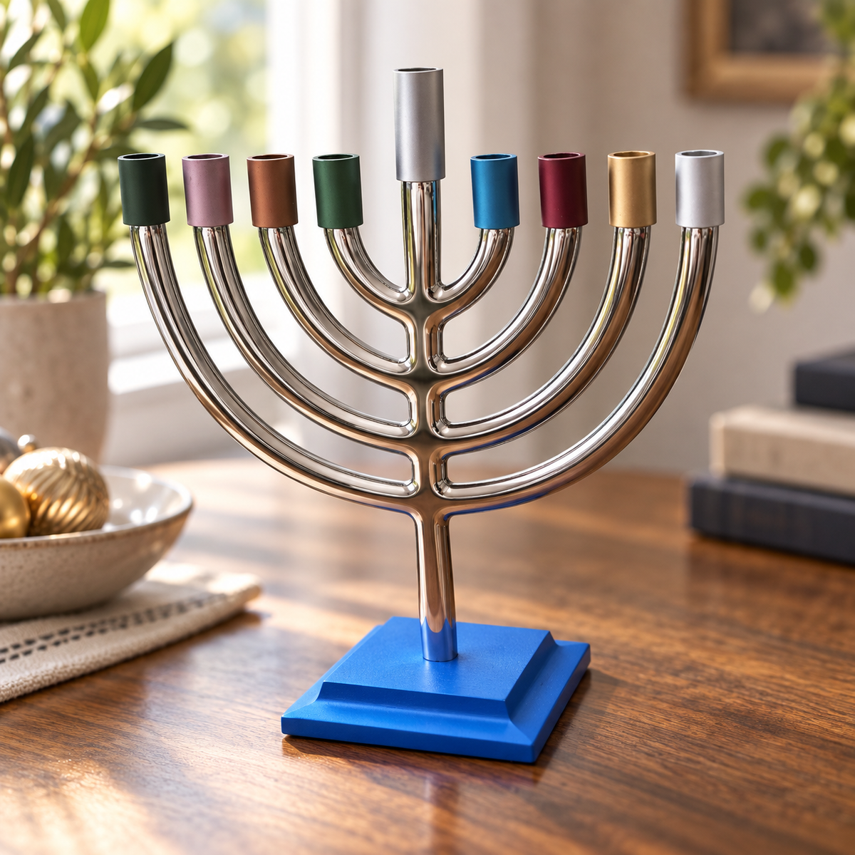 Hanukkah Menorah – Silver Plated with Colorful Candle Holders – Made in Israel