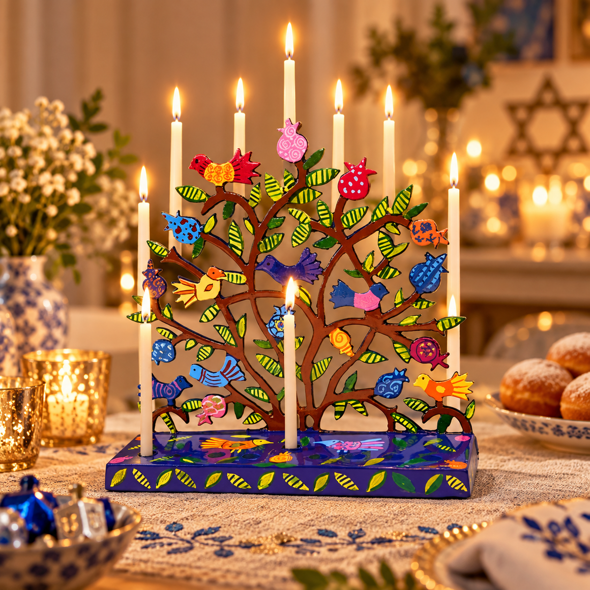 Colorful Pomegranate & Birds Hanukkah Menorah – Handmade in Jerusalem | Bluenoemi - Bluenoemi Jewelry Home-Decor Bluenoemi Bluenoemi israeli sterling silver jewellery jewelry handmade jewel