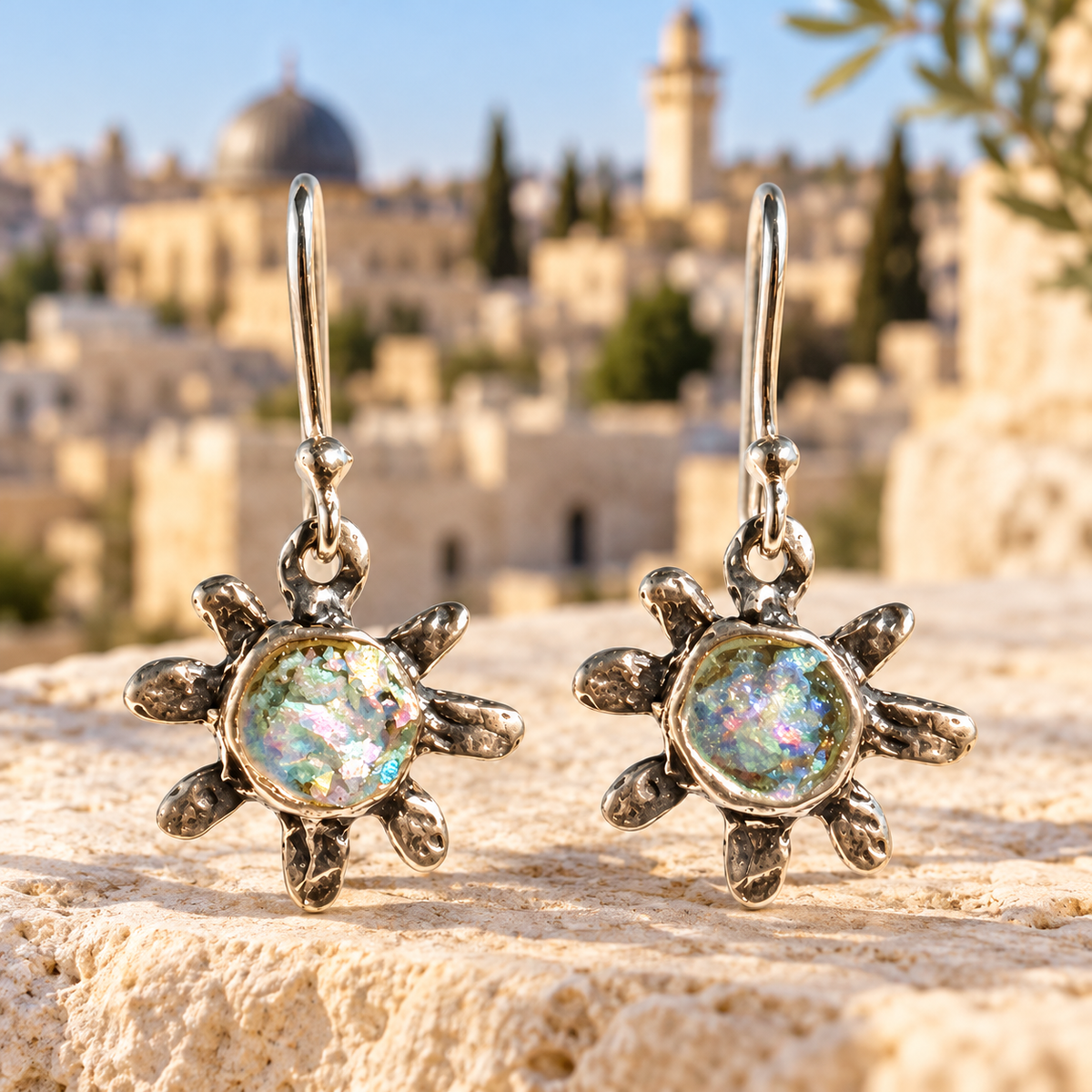 Roman Glass Flower Earrings in Sterling Silver – Handmade in Israel | Bluenoemi - Bluenoemi Jewelry Earrings Bluenoemi Bluenoemi israeli sterling silver jewellery jewelry handmade jewel