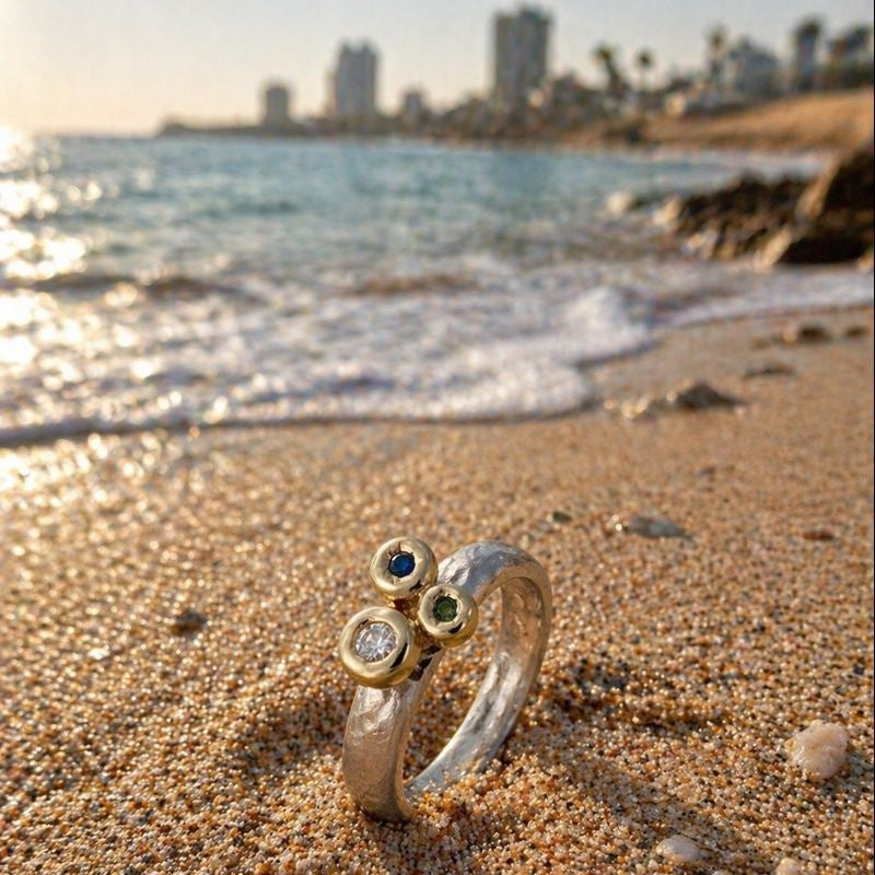 Sterling Silver & Gold set multi coloured Diamonds Statement Ring – Handmade Israeli Designer Jewelry - Bluenoemi Jewelry Rings Bluenoemi Bluenoemi israeli sterling silver jewellery jewelry handmade jewel
