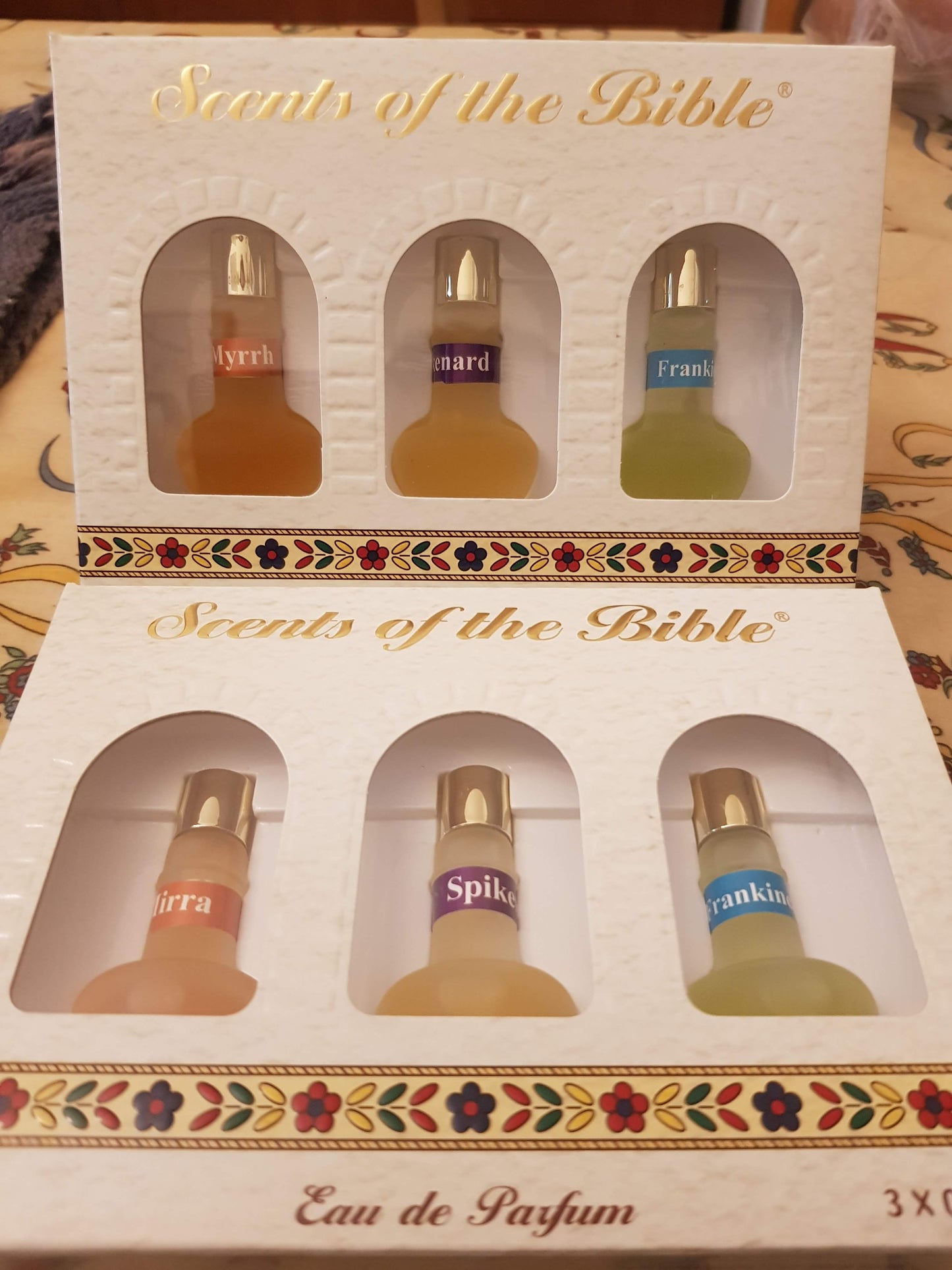 Bluenoemi Anointing Oil Myrrh, Frankinsence and Spikenard. Bluenoemi Israeli Jewelry and Gifts famous Biblical Fragrances in a beautiful gift box: Myrrh, Frankinsence and Spikenard.