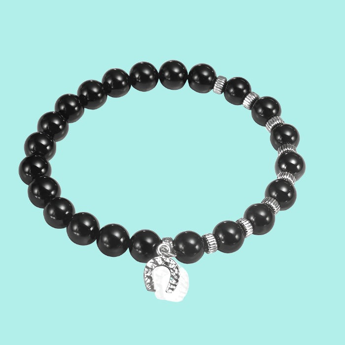 Bracelet Silver Charm and Onyx Unisex Bracelets for Men and Women. Horseshoe charm. - Bluenoemi