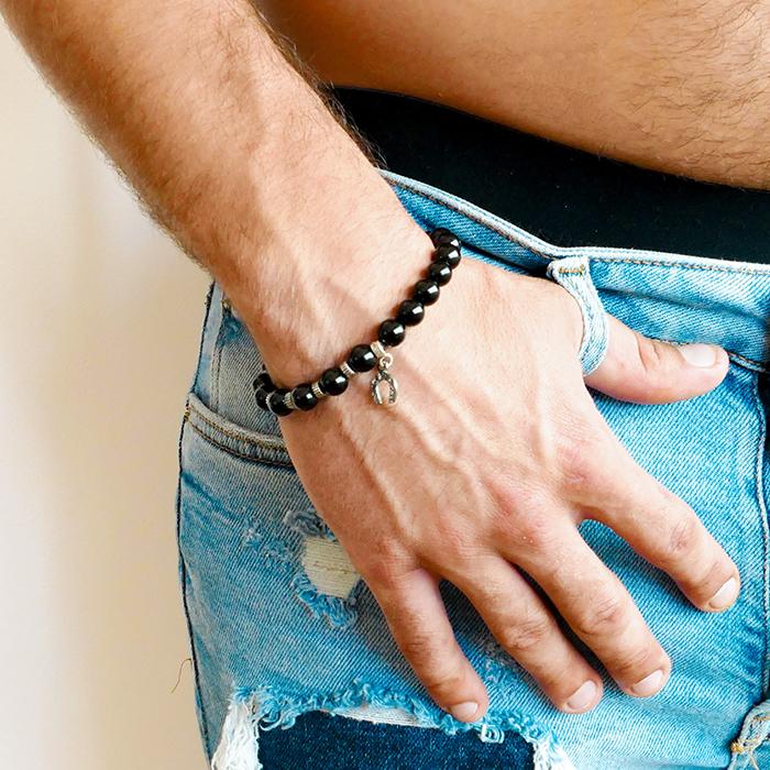 Bracelet Silver Charm and Onyx Unisex Bracelets for Men and Women. Horseshoe charm. - Bluenoemi