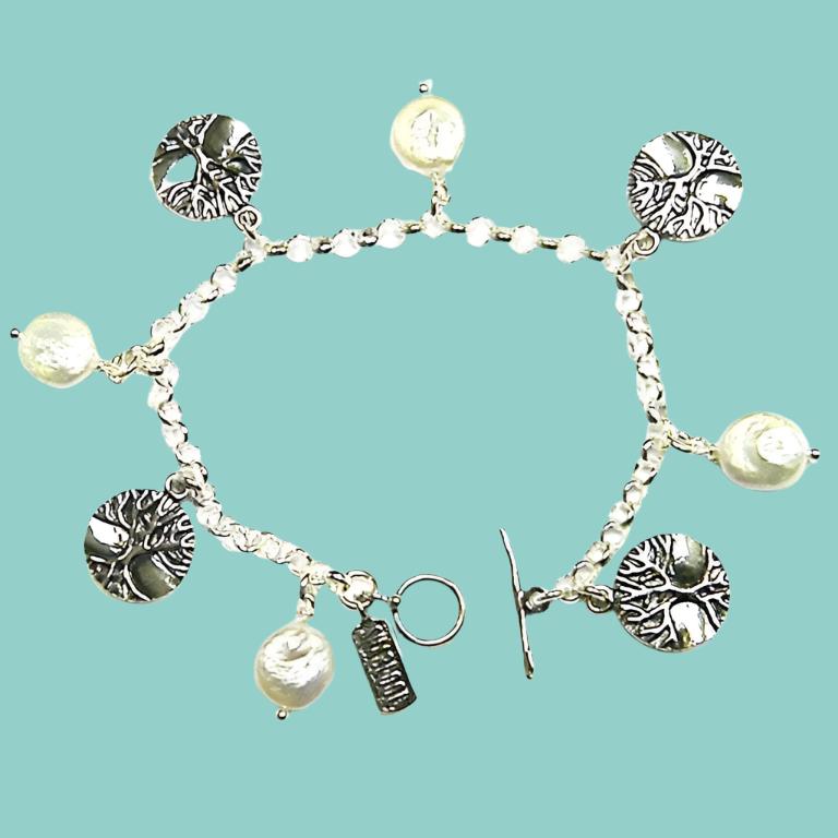 Bluenoemi Bracelets silver Charms Bracelet, Sterling Silver Bracelets, Pearls bracelet, Tree of Life Charms, Bracelet for woman