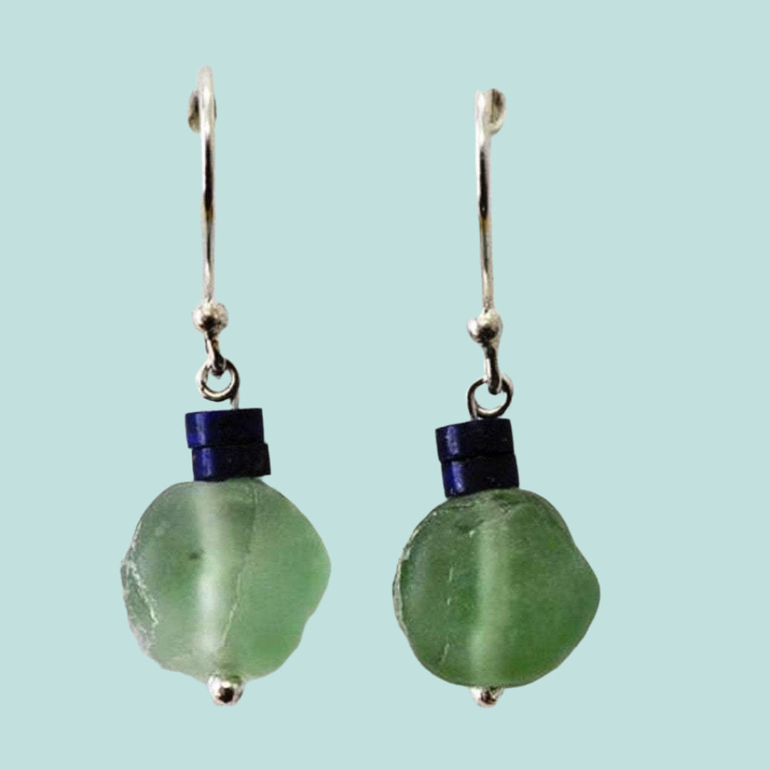 Roman glass sterling silver earrings with ancient Holy Land glass fragment