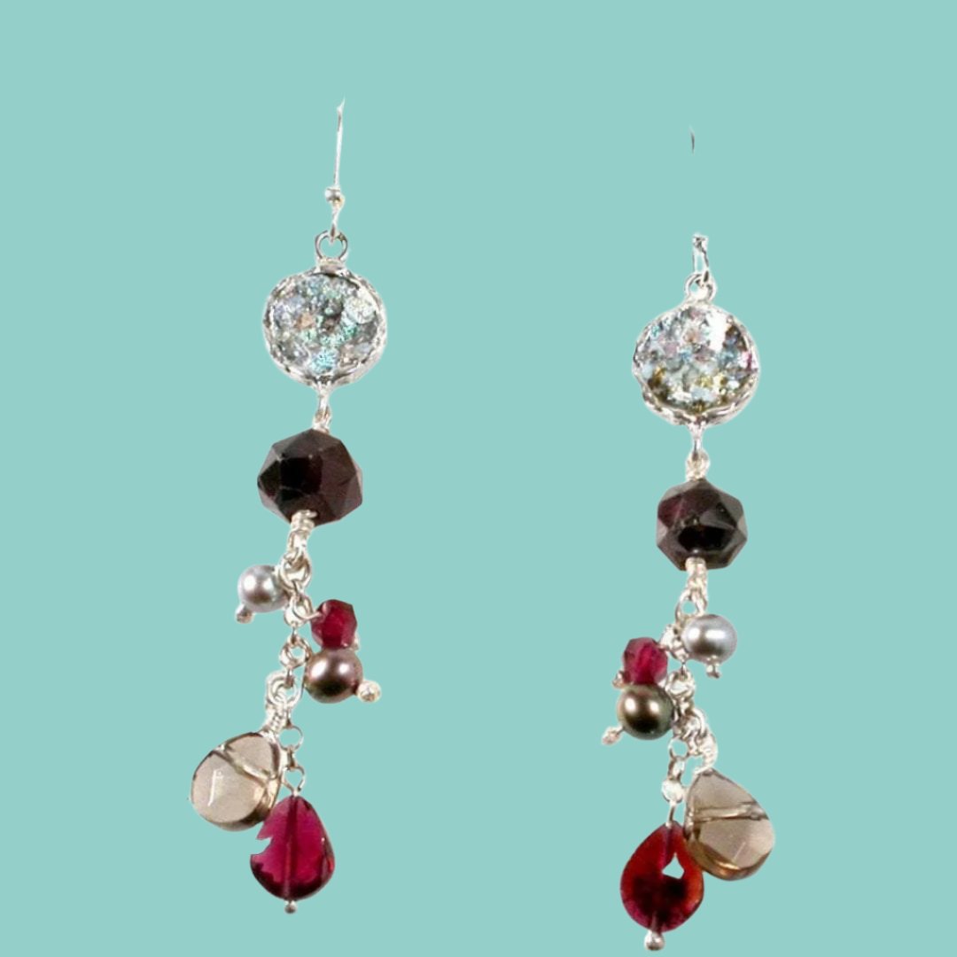 Roman glass jewelry dangling earrings Israeli jewelry garnets - Bluenoemi