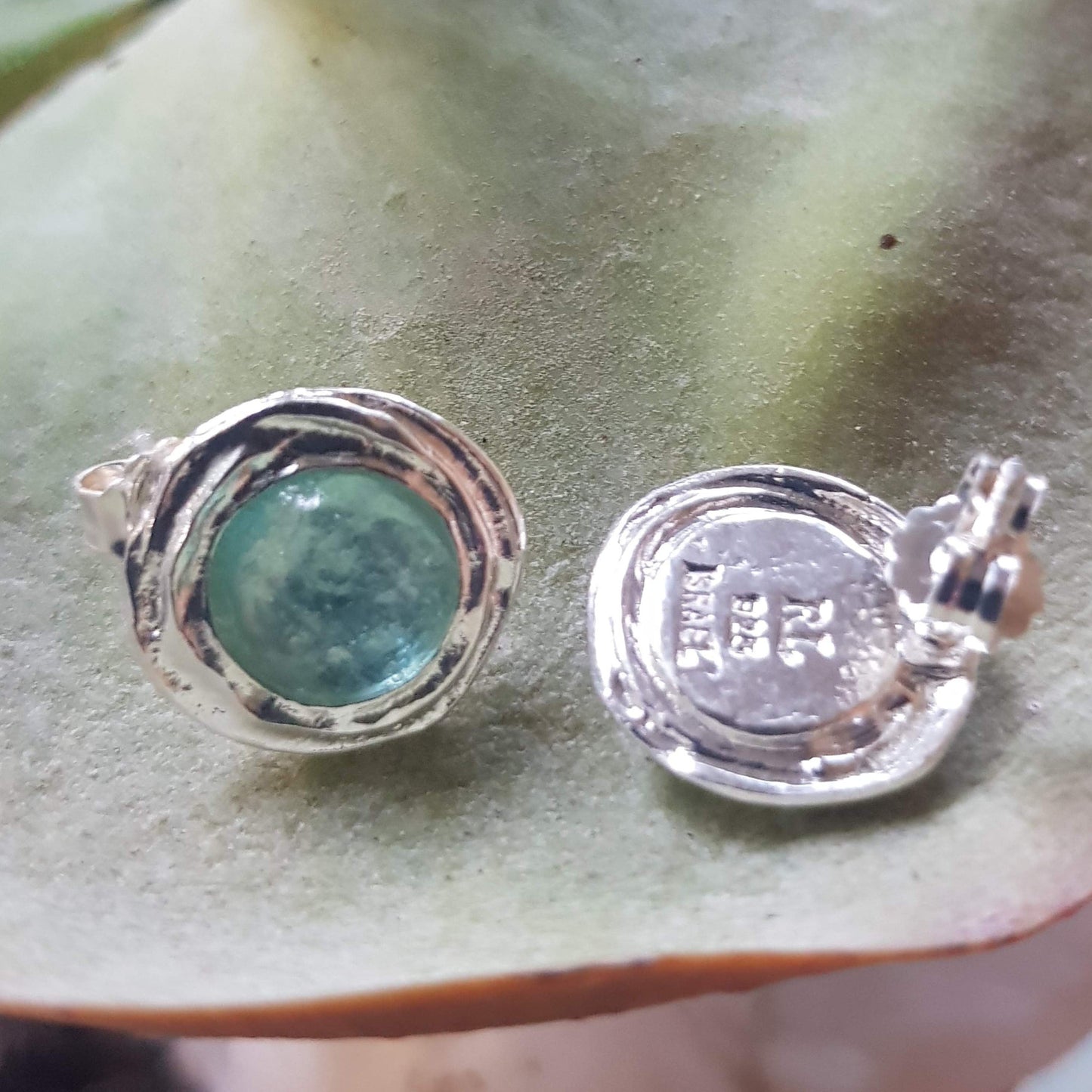 Stud earrings round roman glass earrings Israeli silver jewelry - Bluenoemi