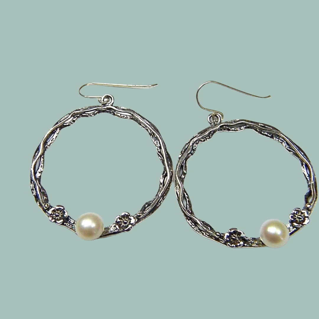 Bluenoemi Earrings silver Silver flowers pearls earrings / earrings for women / dangle pearls earrings