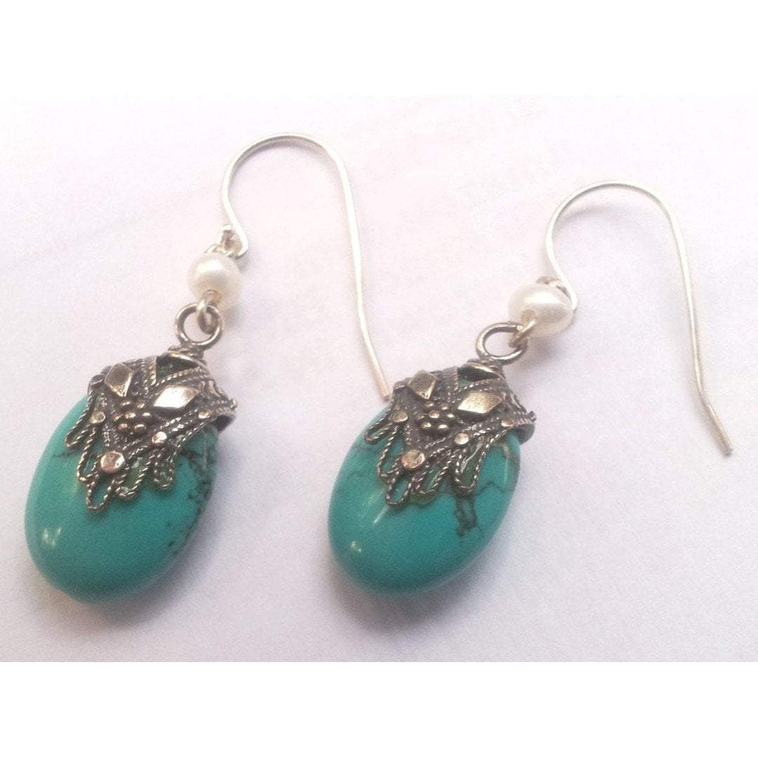 Bluenoemi Earrings turquoise Silver earrings / earrings for woman / Silver Ethnic Earrings Hamssah Filigree Turquoise & Pearl