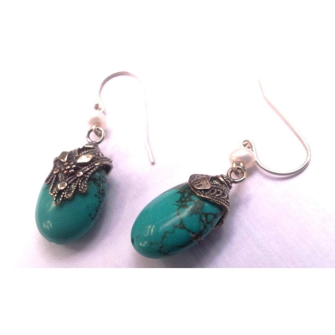 Bluenoemi Earrings turquoise Silver earrings / earrings for woman / Silver Ethnic Earrings Hamssah Filigree Turquoise & Pearl