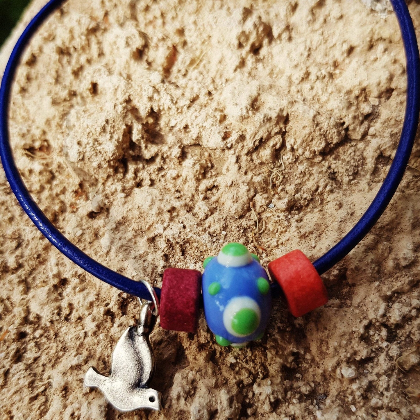 One of a Kind Bracelet handmade lampwork dove on a leather cord - Bluenoemi
