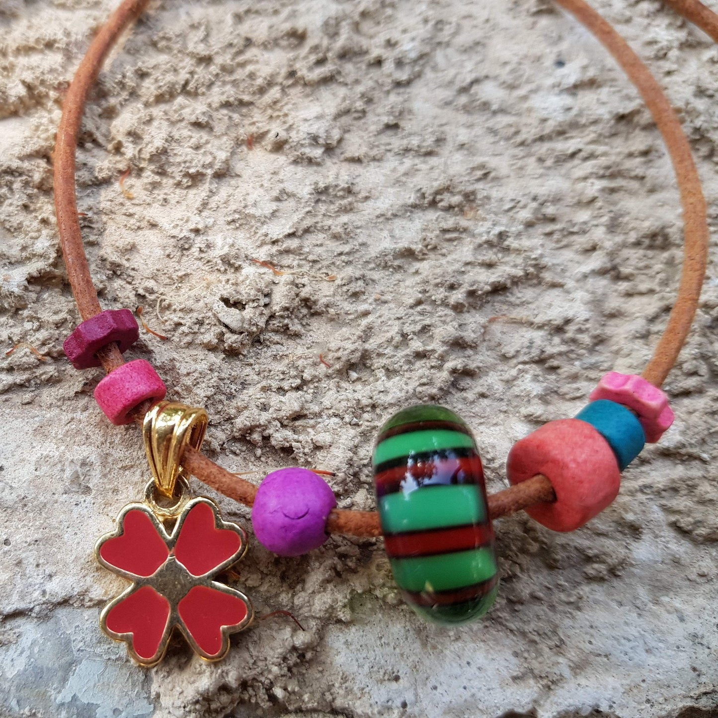 One of a Kind Bracelet handmade lampwork Goldfilled Charm on a leather cord - Bluenoemi