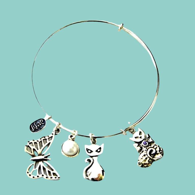 Bluenoemi Jewelry Bracelets silver Charms Bracelet, Sterling Silver Bracelets , Cats Charms bracelet , Hippie Jewelry, Naif bracelet