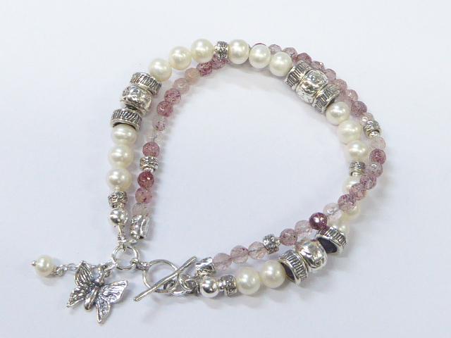 Silver Bracelet for woman. Sterling silver Pearls and Strawberry gemstones - Bluenoemi