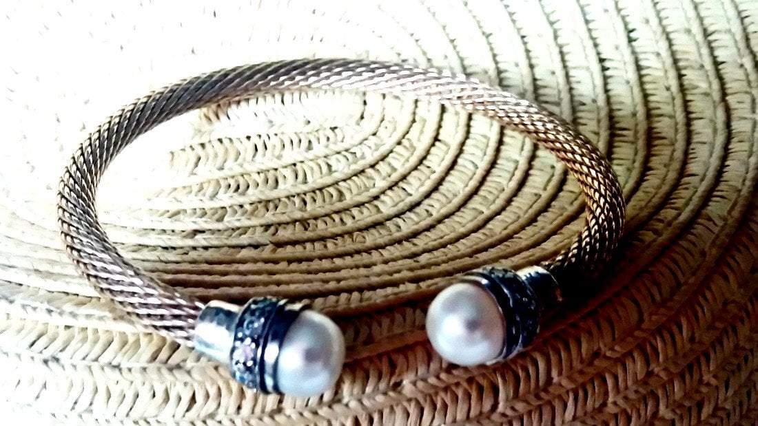 Bluenoemi Jewelry Bracelets silver Sterling Silver Flexible Cuff Bracelet set with Pearls and CZ zircons, Bracelets for Woman
