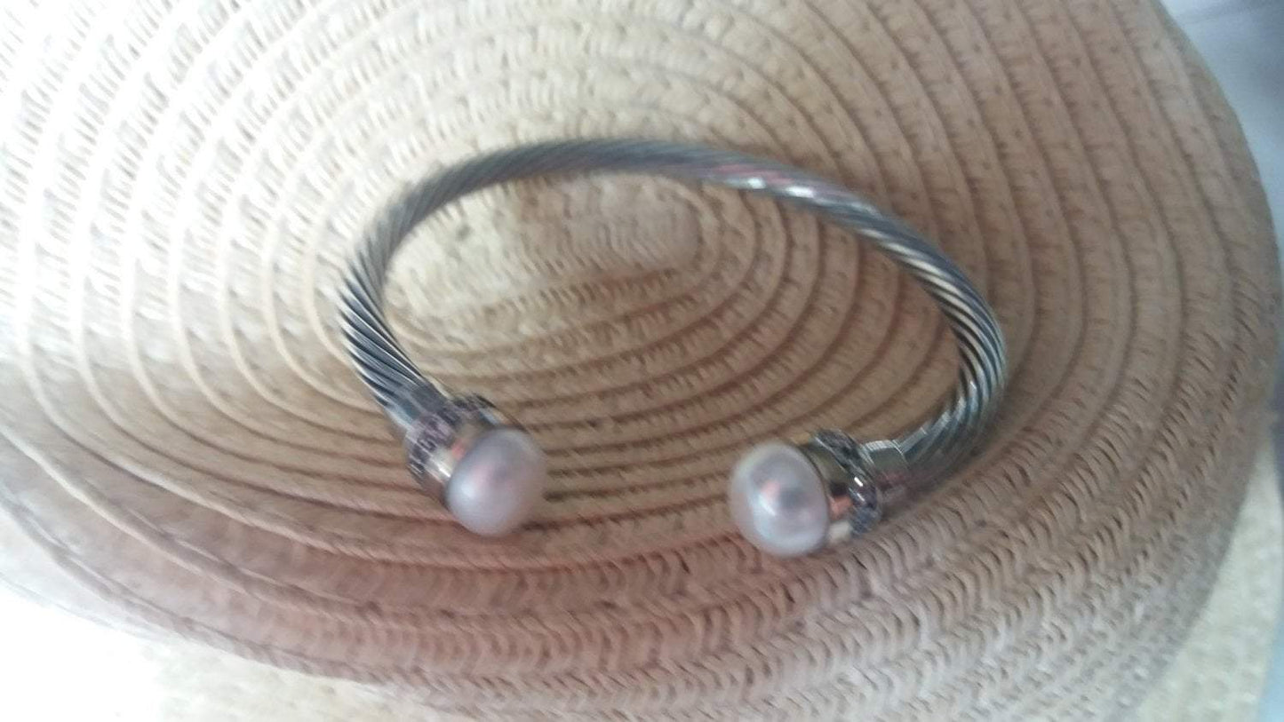 Bluenoemi Jewelry Bracelets silver Sterling Silver Flexible Cuff Bracelet set with Pearls and CZ zircons, Bracelets for Woman