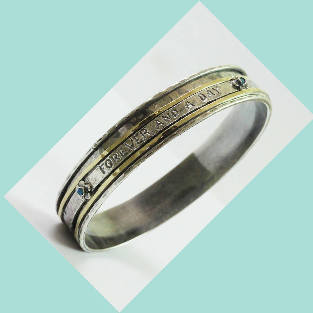 Bluenoemi Jewelry Bracelets Sterling Silver and Gold Spinner Bangles, Spinning bracelet with a message. Forever and a Day.