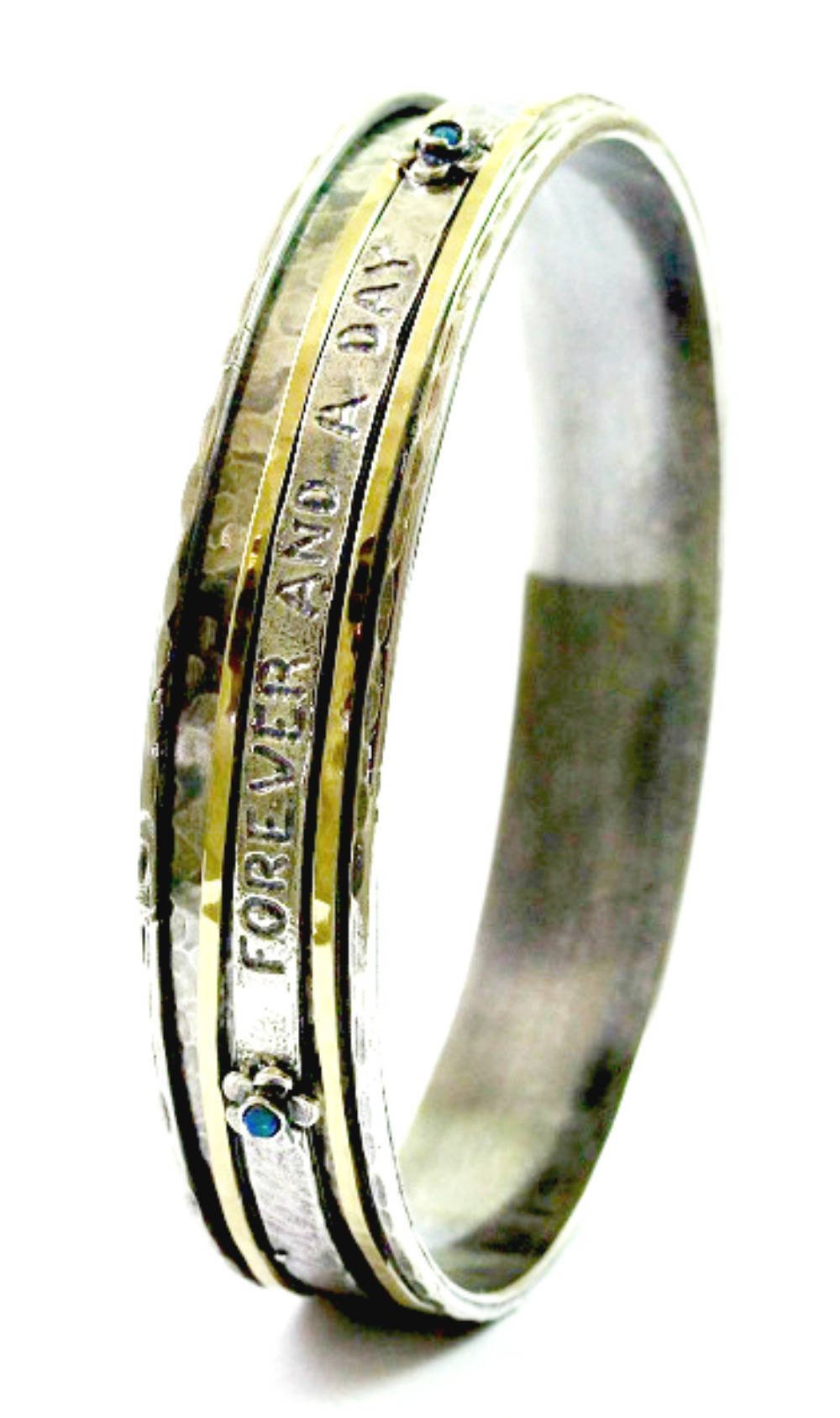 Bluenoemi Jewelry Bracelets Sterling Silver and Gold Spinner Bangles, Spinning bracelet with a message. Forever and a Day.