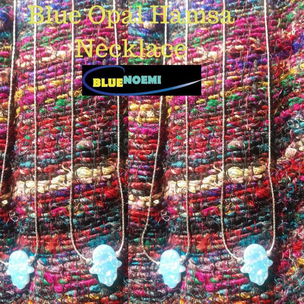 Bluenoemi Jewelry Bue opal hamsa necklaces, blue opal pendants, silver necklace, Jewelry for protection and Luck