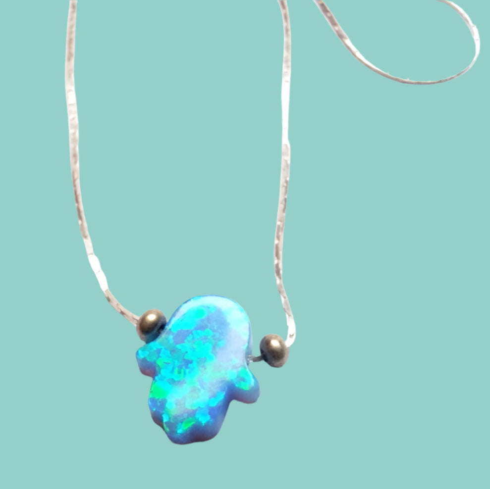 Bluenoemi Jewelry Bue opal hamsa necklaces, blue opal pendants, silver necklace, Jewelry for protection and Luck
