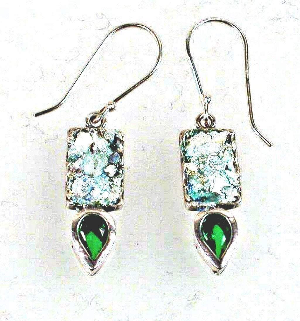 Bluenoemi Jewelry Earrings green Roman Glass Earrings, Sterling Silver Earrings, Israeli roman glass jewelry