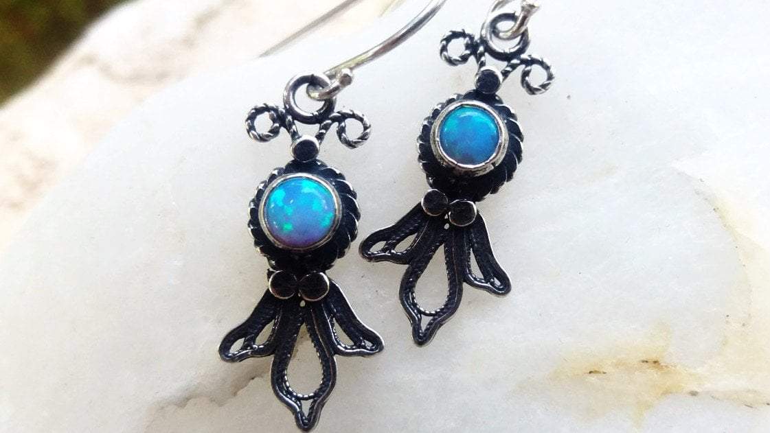 Bluenoemi Jewelry Earrings Silver Earrings Delicate Filigree Israeli silver earrings with gemstones.