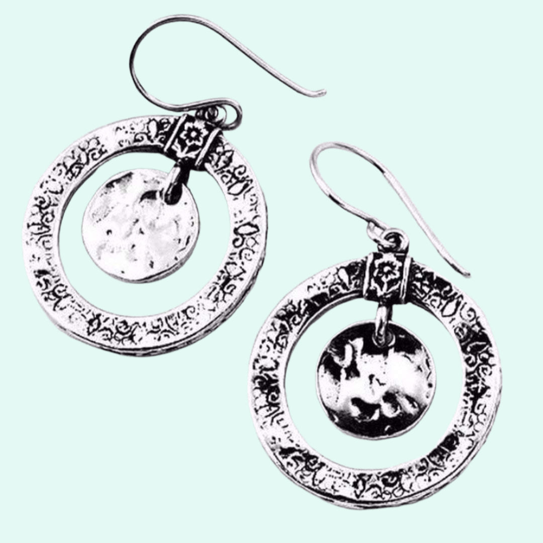 Bluenoemi Jewelry Earrings silver Earrings Sterling Silver 925 Texture Circles Pending Floral Pendant ribbon