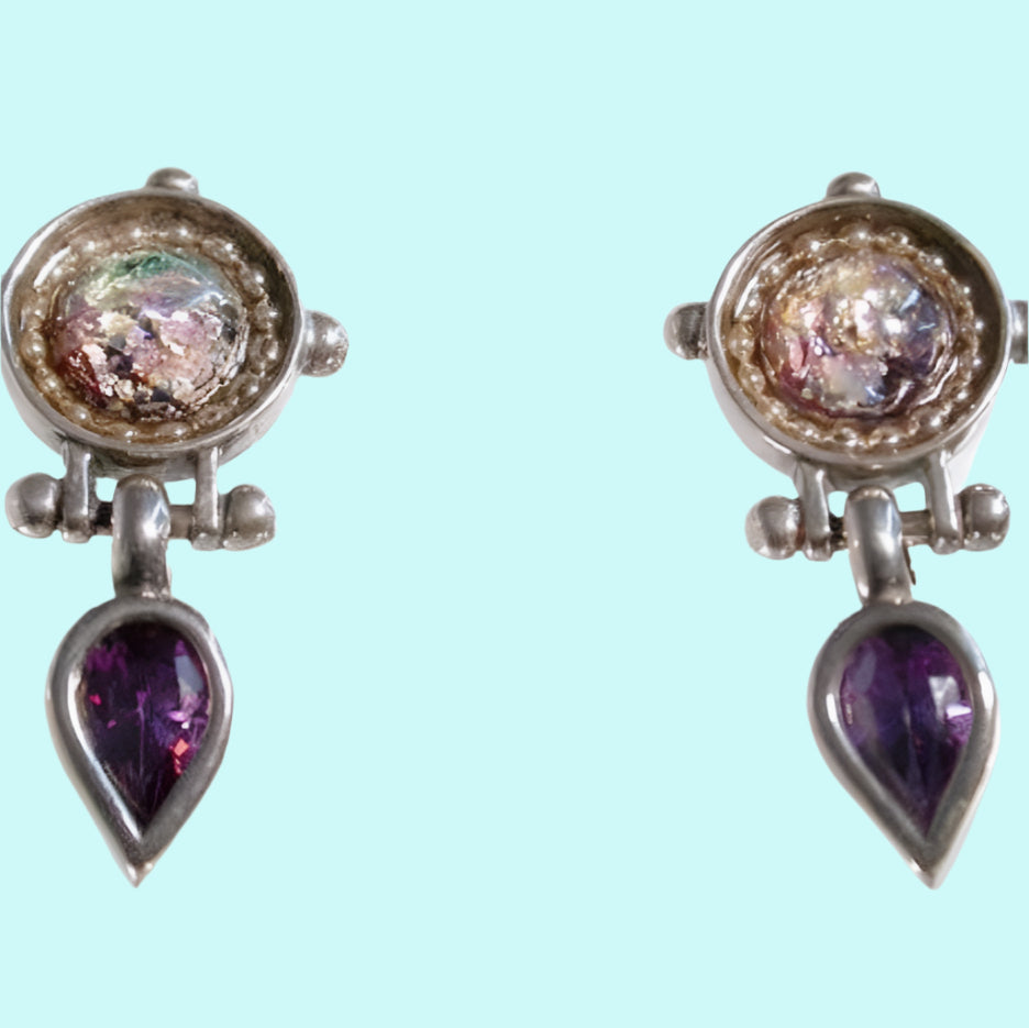 Bluenoemi Jewelry Earrings silver Sterling Silver Earrings, Murano Glass, CZ Crystal PURPLE, Stud Earrings Israeli Jewelry