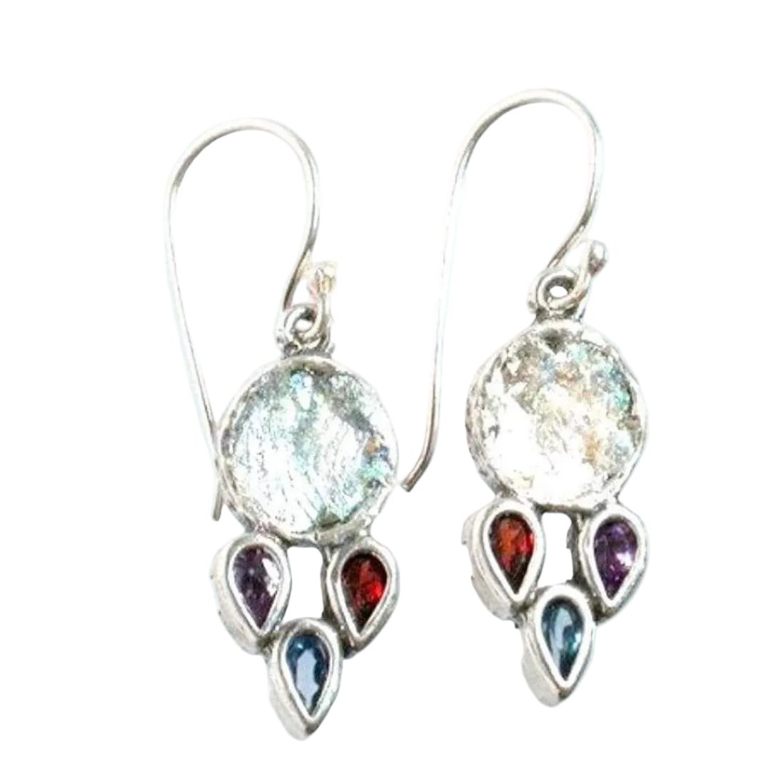 Roman Glass Earrings, Sterling Silver Earrings, cz zircons earrings - Bluenoemi