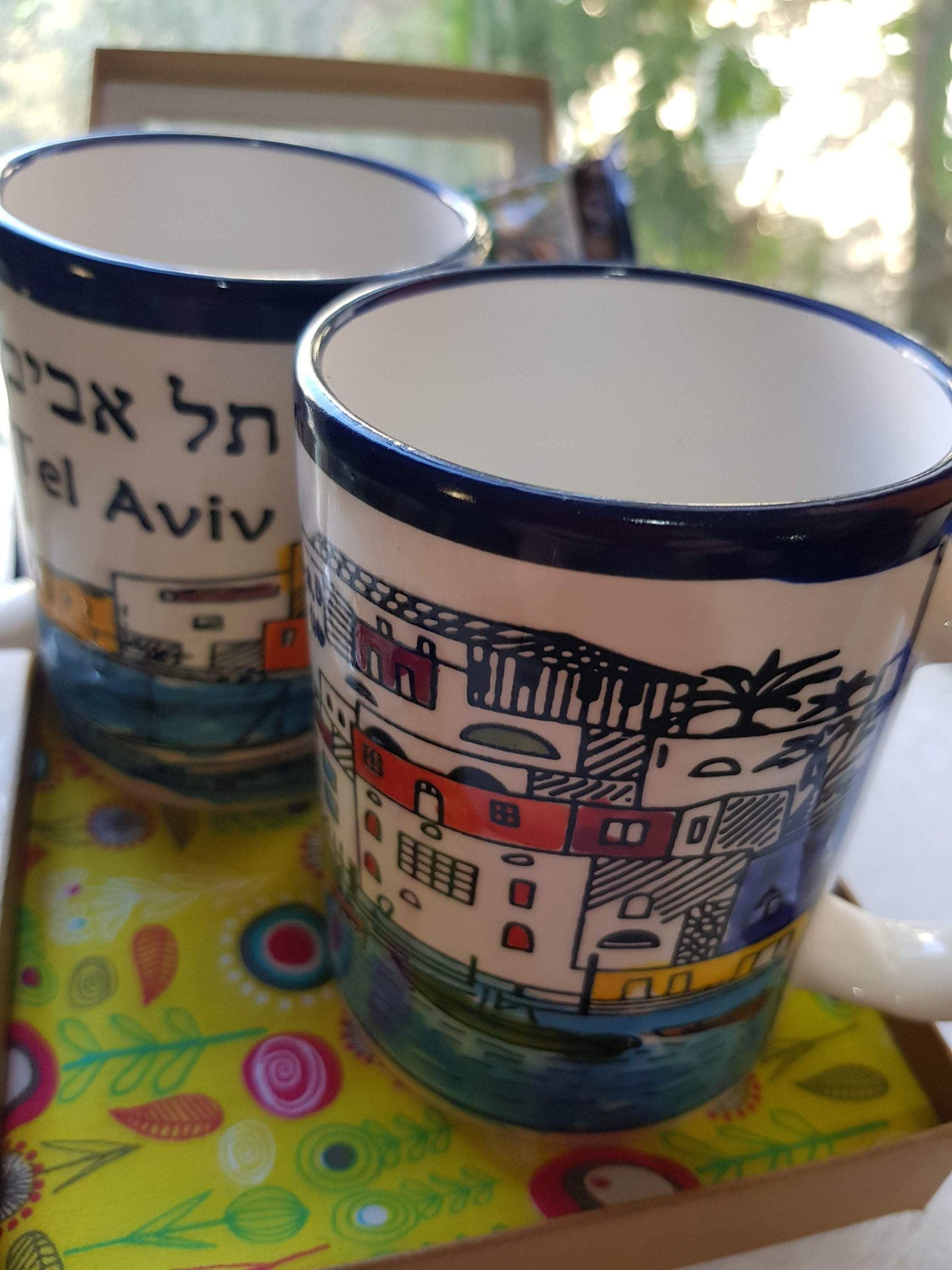 Bluenoemi Jewelry Gift Box for Him Gift Box for Her. 2 Mugs Tel Aviv and Jaffa, Ceramic Armenian Mugs, Israel Turkish Coffee