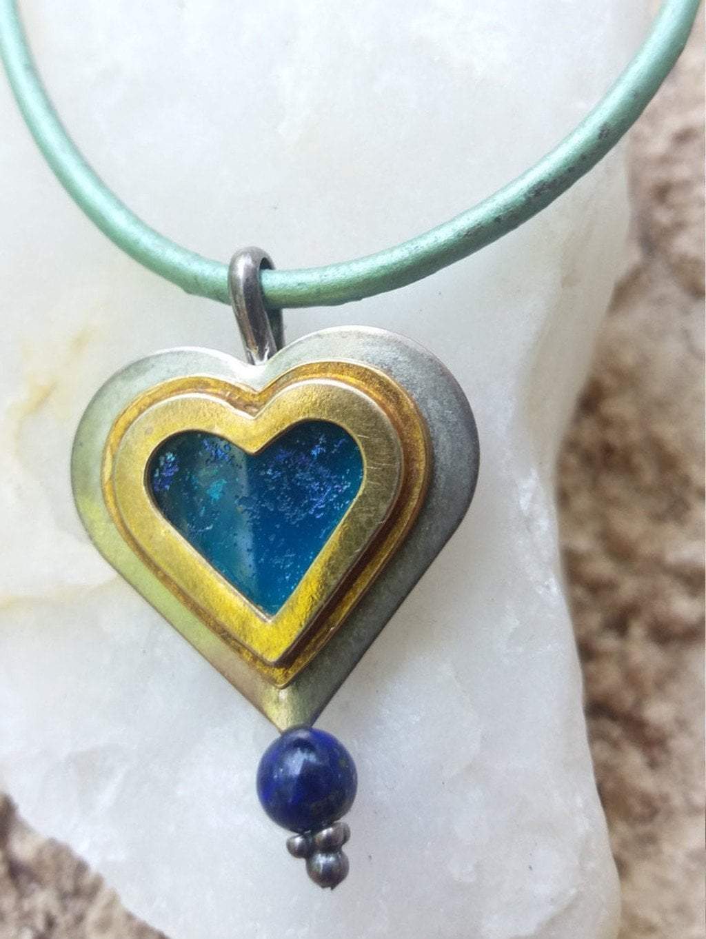Bluenoemi Jewelry Necklaces 45 / silver Sterling silver heart with roman glass pendant necklace. Necklace for woman.