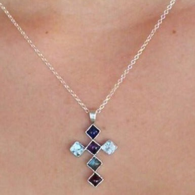 Holy land cross, Sterling Silver cross , roman glass set with lapis, amethysts, Labradorite, Garnet - Bluenoemi Jewelry Necklaces Bluenoemi Jewelry Bluenoemi Jewelry israeli sterling silver jewellery jewelry handmade jewel