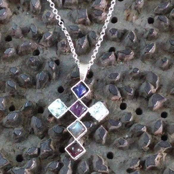 Holy land cross, Sterling Silver cross , roman glass set with lapis, amethysts, Labradorite, Garnet - Bluenoemi