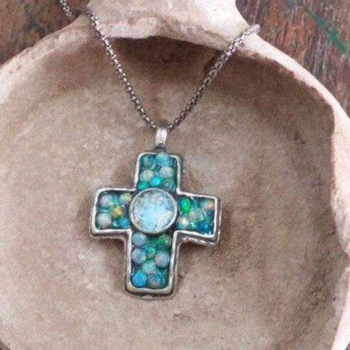 Bluenoemi Jewelry Necklaces 45cm / silver Holy Land Jewelry Sterling Silver cross roman glass opals beads "My Blue Sky Cross"